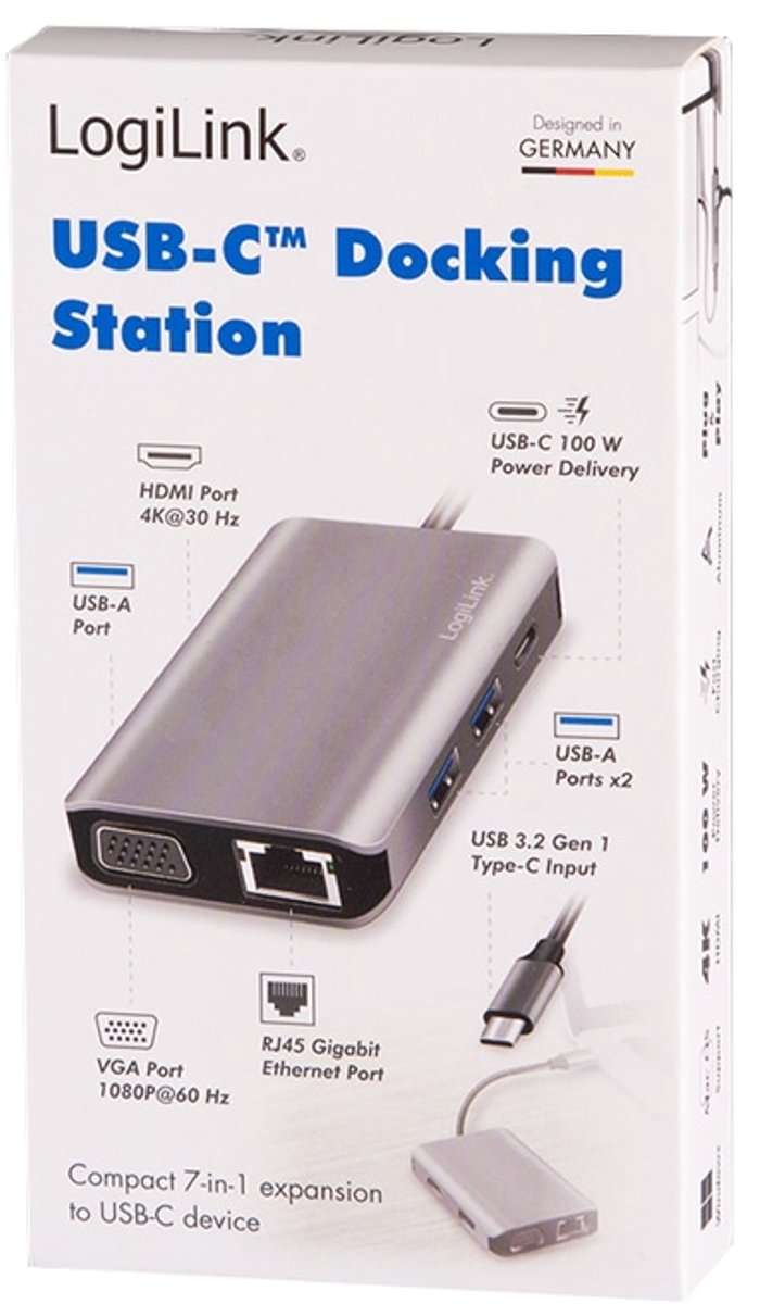 Logilink ua0410 usb c dockingstation ge 7 orig - LogiLink Ua0410 USB-C Dockingstation (grijs)