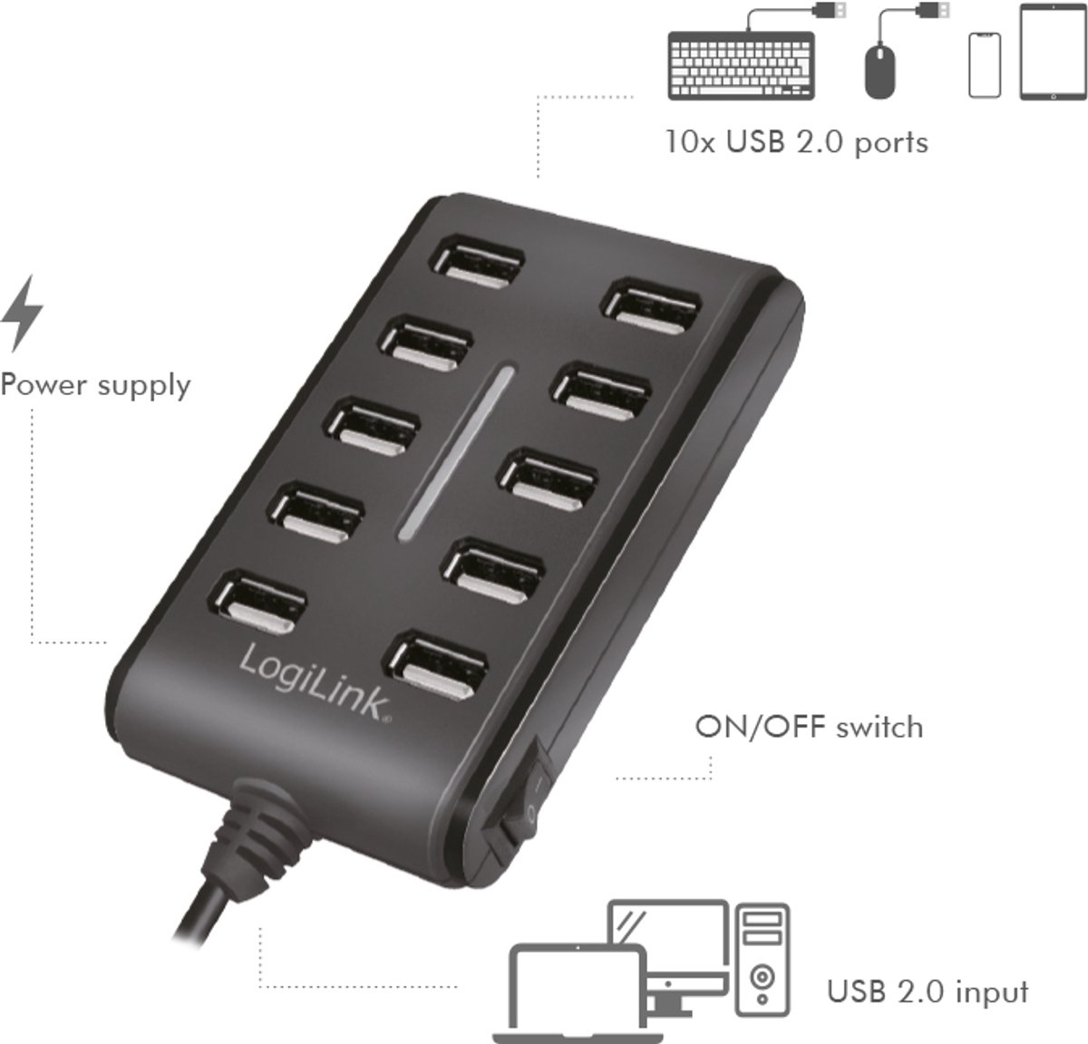 Logilink usb2 0 10 port usb2 hub 2 orig - LogiLink Usb2.0 10-Port Usb2 Hub USB-A USB-hub (zwart)