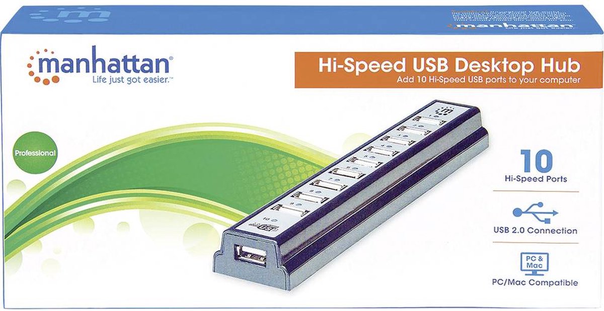 Manhattan usb 2 0 hub 10 poorten 4 orig - Manhattan USB 2.0-Hub 10 Poorten USB-A USB-hub (zwart)