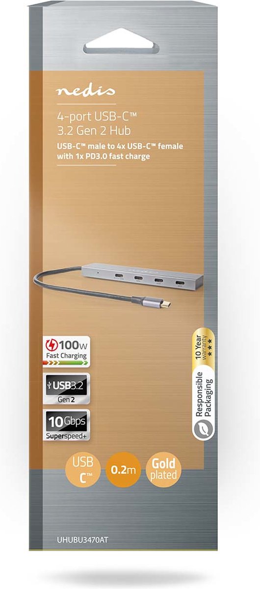 Nedis usb 3 0 hub usb splitter 4 orig - Nedis USB 3.0 Hub USB Splitter 10 Gbps 4 Poorten USB-C USB-hub (grijs)