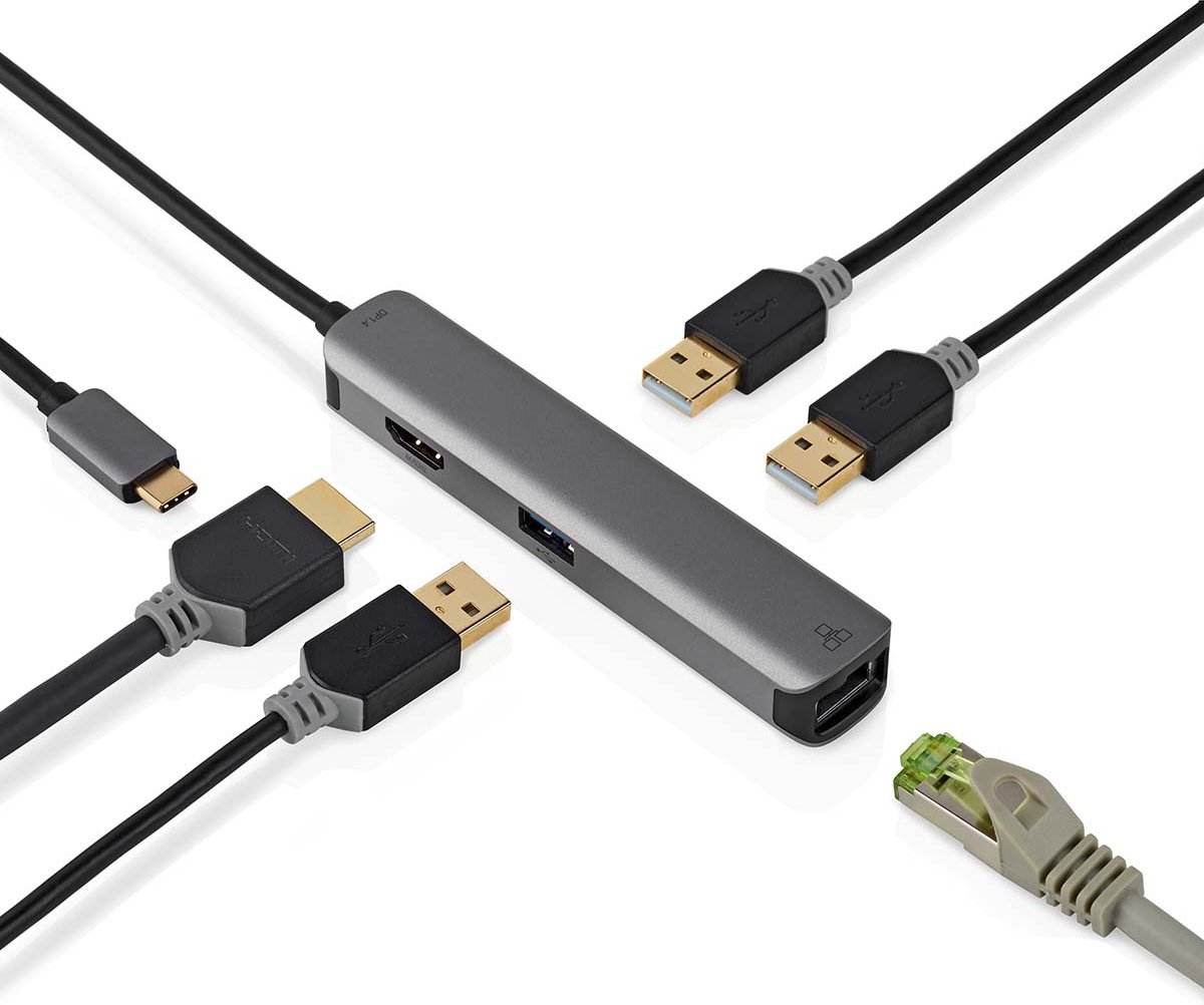 Nedis usb c hub 5 in 1 6 orig - Nedis Hub 5-In-1 Adapter HDMI 4K Ethernet 3X USB-C USB-hub (grijs)