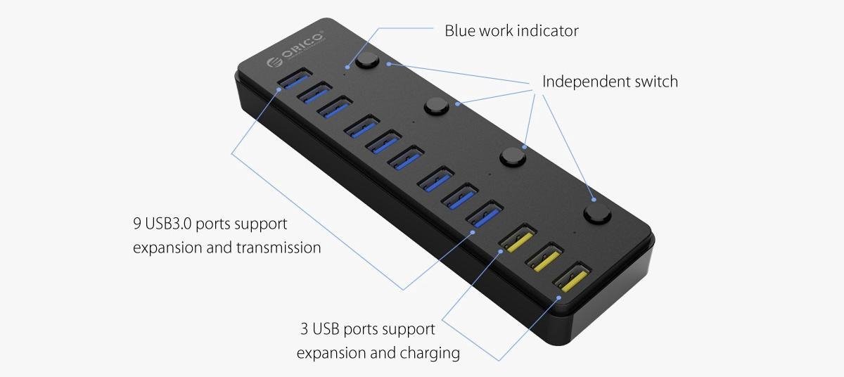 Orico 12 poorts multi functioneel 9x 7 orig - Orico 12 Poorts Multi Functioneel 9X USB 3.0 Hub USB-A USB-hub (zwart)