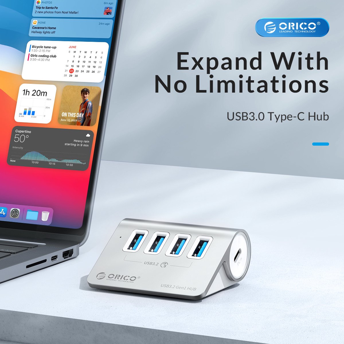 Orico aluminium 4 poort usb3 2 hub 6 orig - Orico Aluminium 4-Poort Usb3.2 Hub 10Gbps Zilver USB C USB-C USB-hub