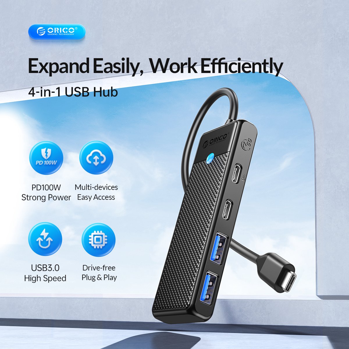 Orico hub met usb c aansluiting 2x 2 orig - Orico Hub Met Aansluiting 2X USB 3.0 1X Power USB-C USB-hub (zwart)