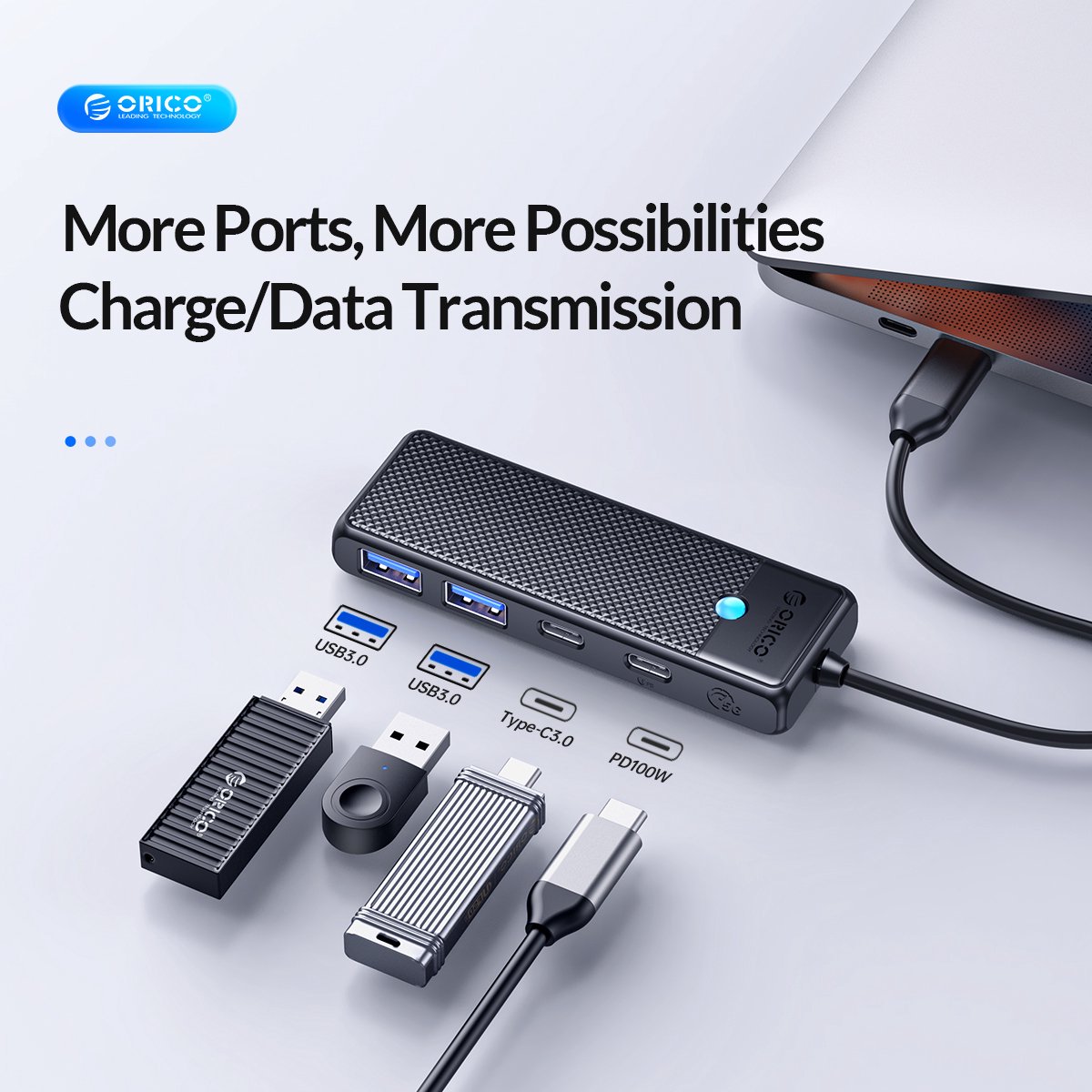 Orico hub met usb c aansluiting 2x 6 orig - Orico Hub Met Aansluiting 2X USB 3.0 1X Power USB-C USB-hub (zwart)