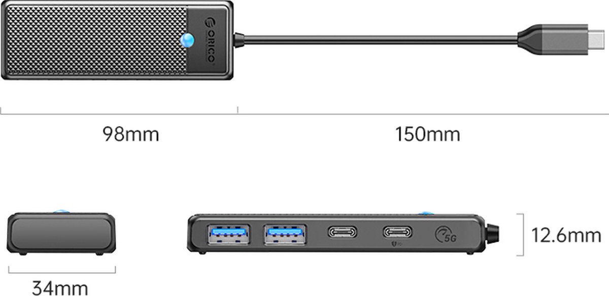 Orico hub met usb c aansluiting 2x 7 orig - Orico Hub Met Aansluiting 2X USB 3.0 1X Power USB-C USB-hub (zwart)