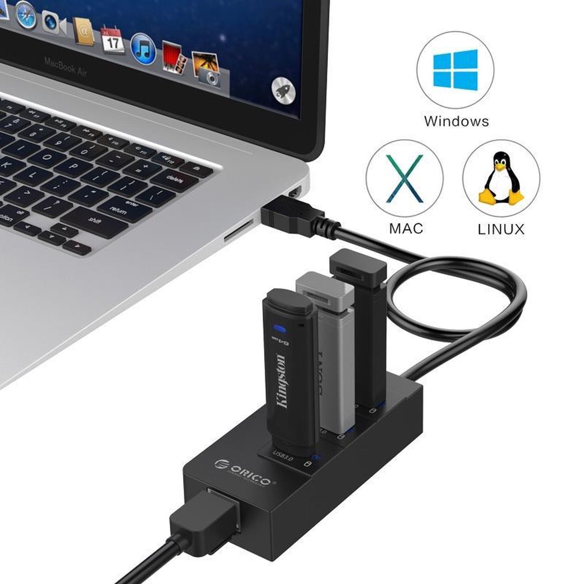Orico usb 3 0 hub 3x usb 7 orig - Orico USB 3.0 Hub 3X USB Poorten En Gigabit USB-A USB-hub (zwart)