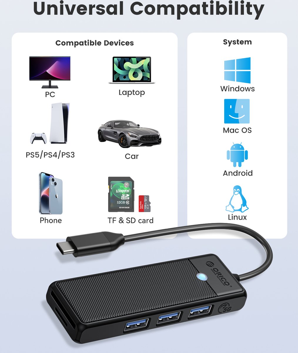 Orico usb c hub 3x usb a 7189331 4 orig - Orico Hub 3X USB-A 3.0 5Gbps Sd Kaartlezer Micro USB-C USB-hub (zwart)