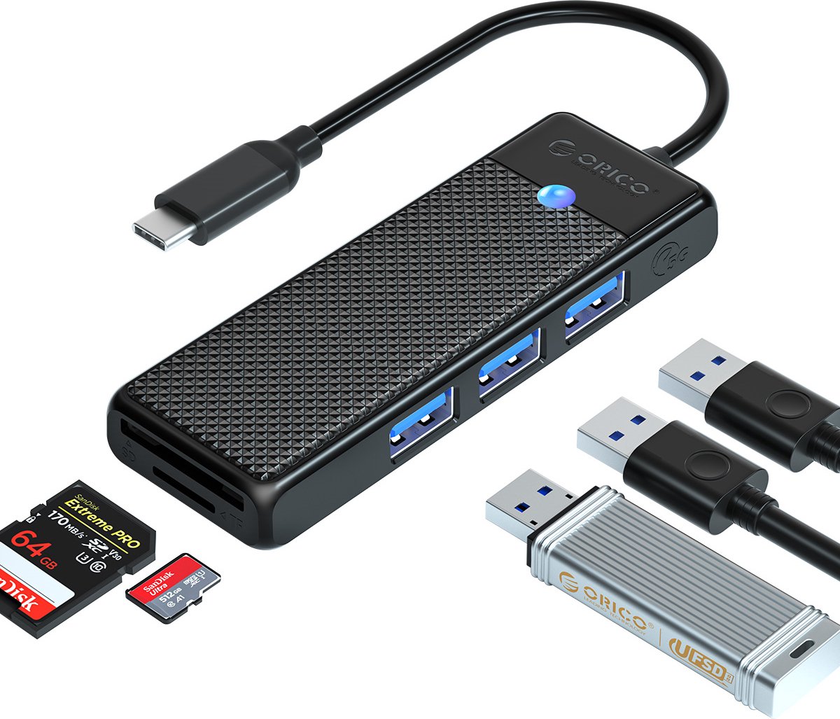 Orico usb c hub 3x usb a 7189331 7 orig - Orico Hub 3X USB-A 3.0 5Gbps Sd Kaartlezer Micro USB-C USB-hub (zwart)
