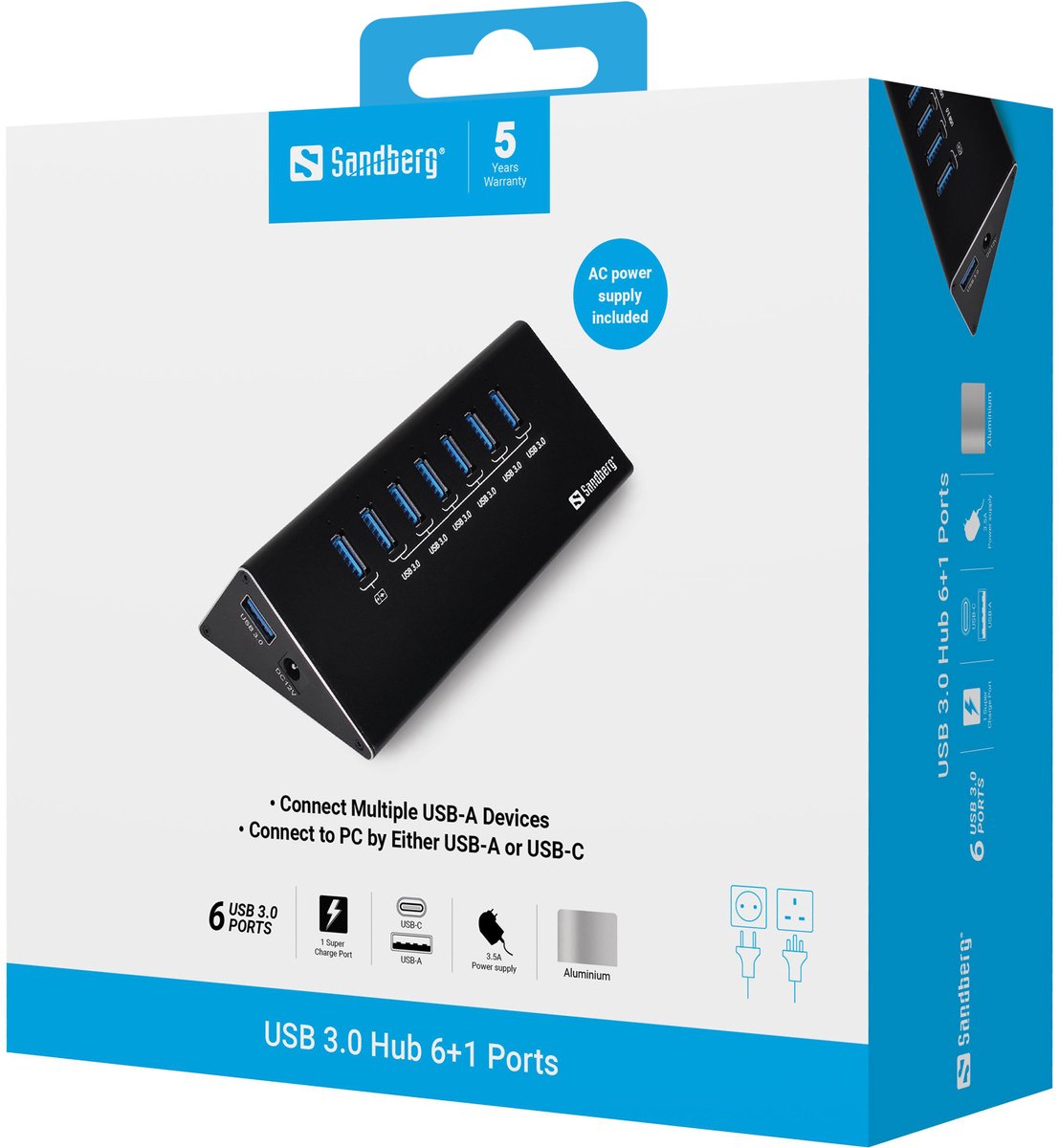 Sandberg 133 82 usb 3 0 hub 2 orig - Sandberg 133-82 USB 3.0 Hub 6+1 Ports USB-A USB-hub (zwart)