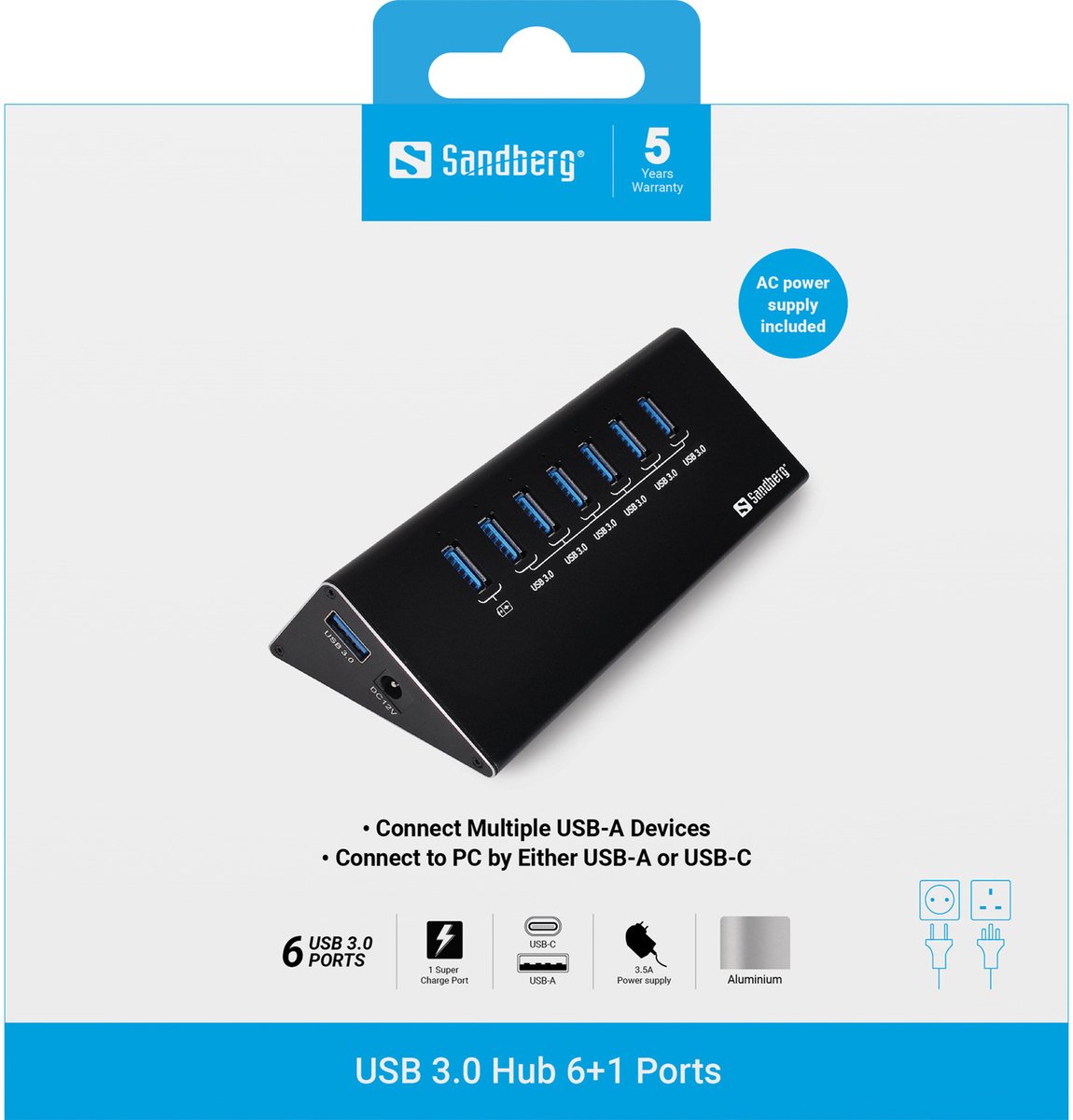 Sandberg 133 82 usb 3 0 hub 3 orig - Sandberg 133-82 USB 3.0 Hub 6+1 Ports USB-A USB-hub (zwart)