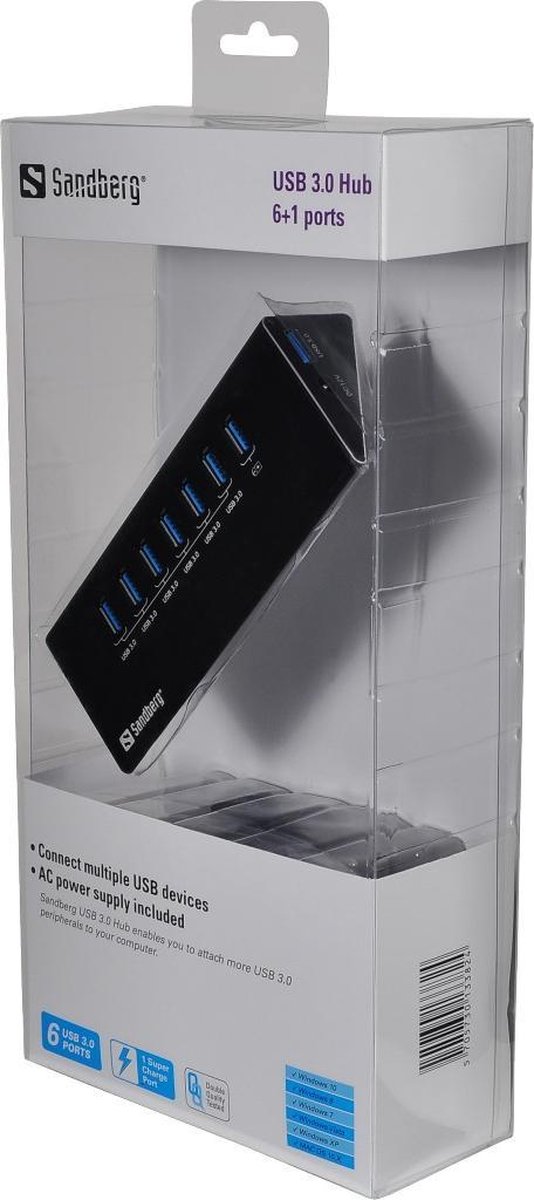 Sandberg 133 82 usb 3 0 hub 4 orig - Sandberg 133-82 USB 3.0 Hub 6+1 Ports USB-A USB-hub (zwart)