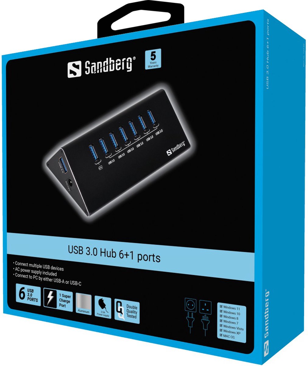 Sandberg 133 82 usb 3 0 hub 5 orig - Sandberg 133-82 USB 3.0 Hub 6+1 Ports USB-A USB-hub (zwart)