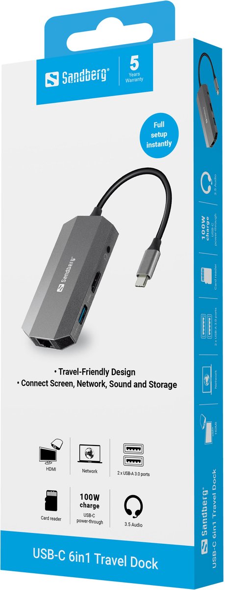 Sandberg 136 33 usb c 6 in1 4 orig - Sandberg 136-33 6-In1 Travel Dock USB-C Dockingstation (grijs)