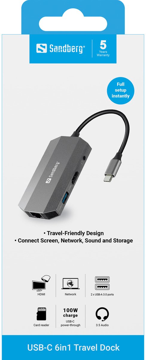 Sandberg 136 33 usb c 6 in1 8 orig - Sandberg 136-33 6-In1 Travel Dock USB-C Dockingstation (grijs)