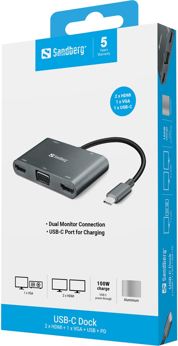 Sandberg 136 35 usb c dock 2xhdmi 2 orig - Sandberg 136-35 Dock 2Xhdmi+1Xvga+Usb+Pd USB-C Dockingstation (zilver)