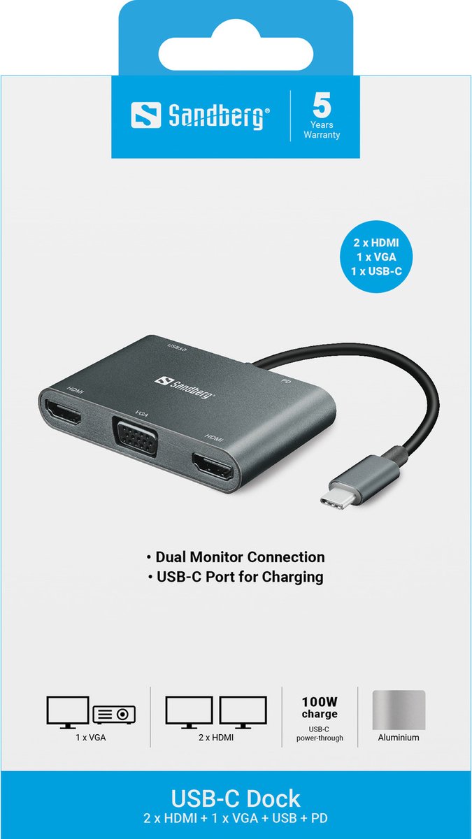 Sandberg 136 35 usb c dock 2xhdmi 3 orig - Sandberg 136-35 Dock 2Xhdmi+1Xvga+Usb+Pd USB-C Dockingstation (zilver)