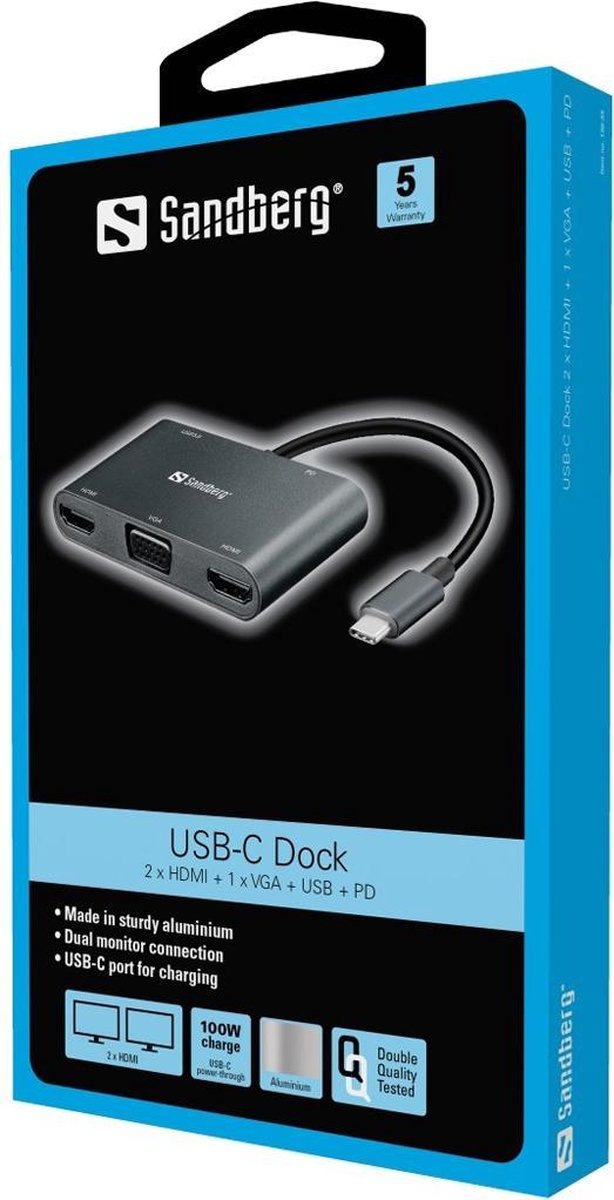 Sandberg 136 35 usb c dock 2xhdmi 4 orig - Sandberg 136-35 Dock 2Xhdmi+1Xvga+Usb+Pd USB-C Dockingstation (zilver)