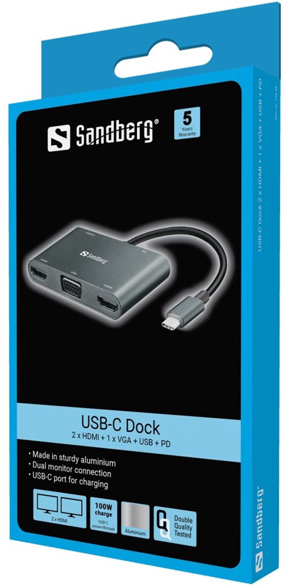Sandberg 136 35 usb c dock 2xhdmi 5 orig - Sandberg 136-35 Dock 2Xhdmi+1Xvga+Usb+Pd USB-C Dockingstation (zilver)