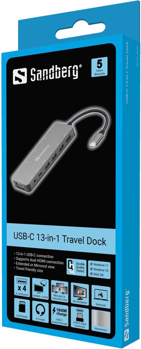 Sandberg 136 45 usb c 13 in 4 orig - Sandberg 136-45 13-In-1 Travel Dock USB-C Dockingstation (grijs)
