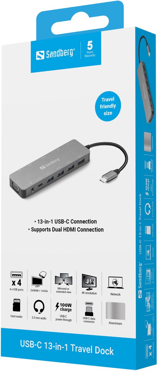 Sandberg 136 45 usb c 13 in 5 orig - Sandberg 136-45 13-In-1 Travel Dock USB-C Dockingstation (grijs)