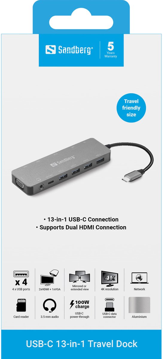 Sandberg 136 45 usb c 13 in 6 orig - Sandberg 136-45 13-In-1 Travel Dock USB-C Dockingstation (grijs)