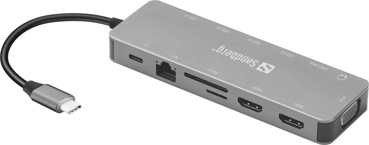 Sandberg 136 45 usb c 13 in 8 orig - Sandberg 136-45 13-In-1 Travel Dock USB-C Dockingstation (grijs)