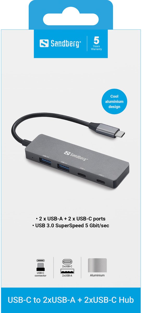 Sandberg 136 50 interface hub usb type 2 orig - Sandberg 136-50 Interface Hub USB Type-C 5000 Mbit/S USB-C USB-hub