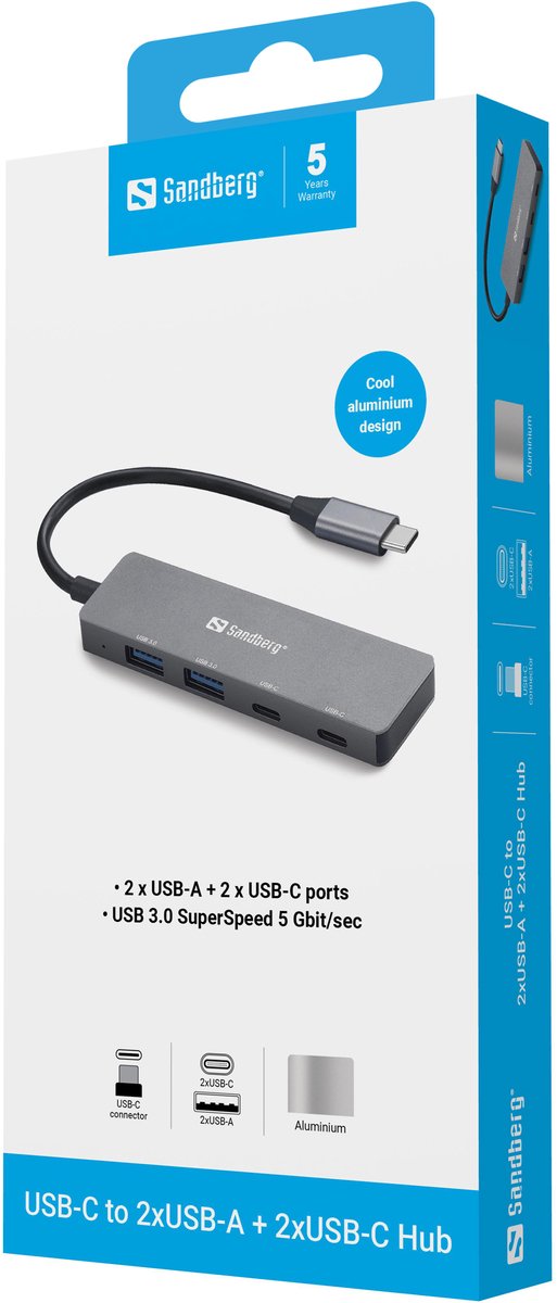 Sandberg 136 50 interface hub usb type 5 orig - Sandberg 136-50 Interface Hub USB Type-C 5000 Mbit/S USB-C USB-hub