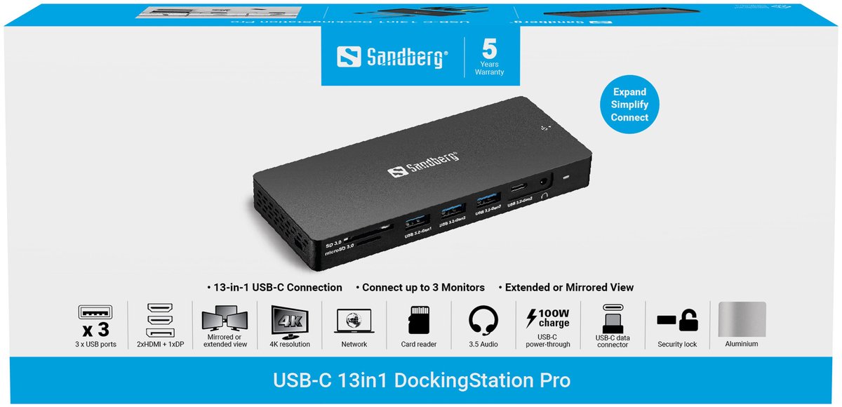 Sandberg 136 61 laptop dock poortreplic 2 orig - Sandberg 136-61 USB-C Dockingstation (grijs)