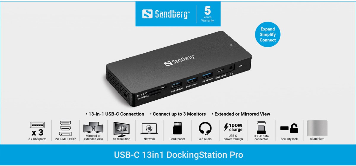 Sandberg 136 61 laptop dock poortreplic 3 orig - Sandberg 136-61 USB-C Dockingstation (grijs)