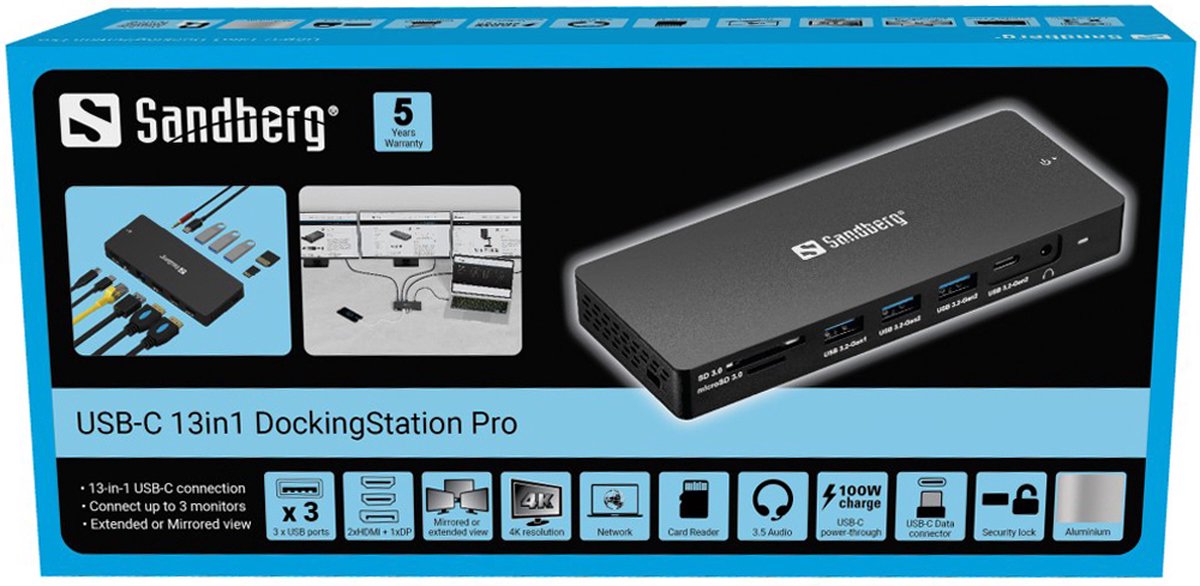 Sandberg 136 61 laptop dock poortreplic 9 orig - Sandberg 136-61 USB-C Dockingstation (grijs)