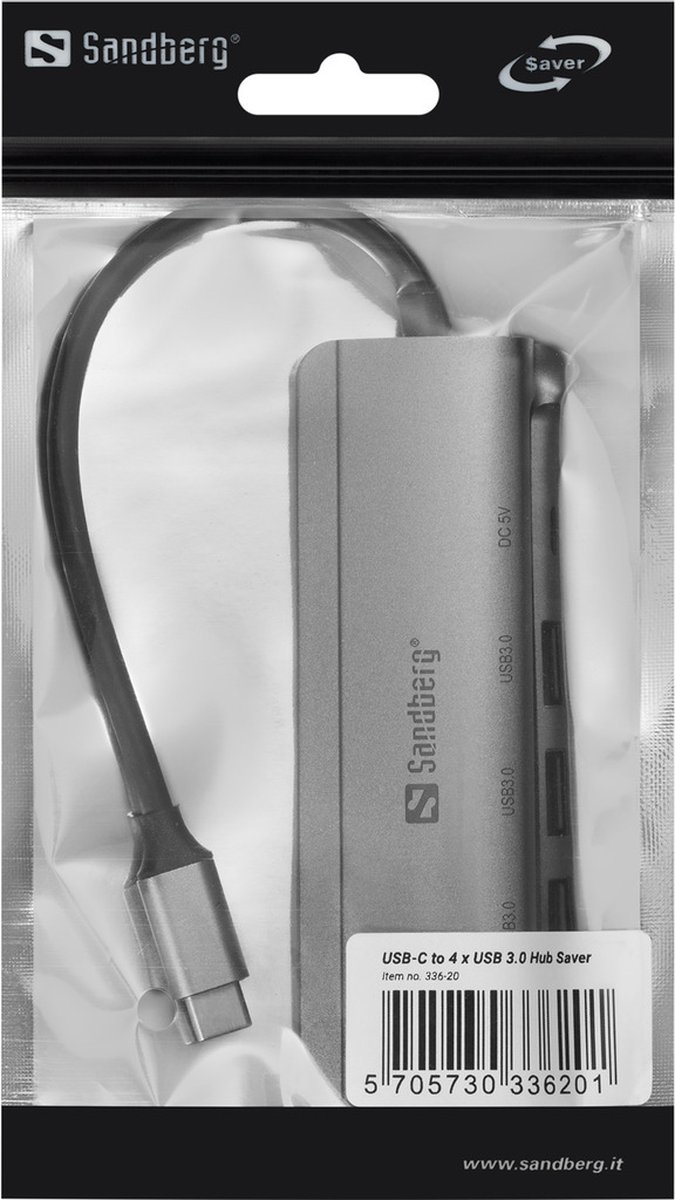 Sandberg 336 20 usb c to 4 6 orig - Sandberg 336-20 To 4 X USB 3.0 Hub Saver USB-C USB-hub (zilver)