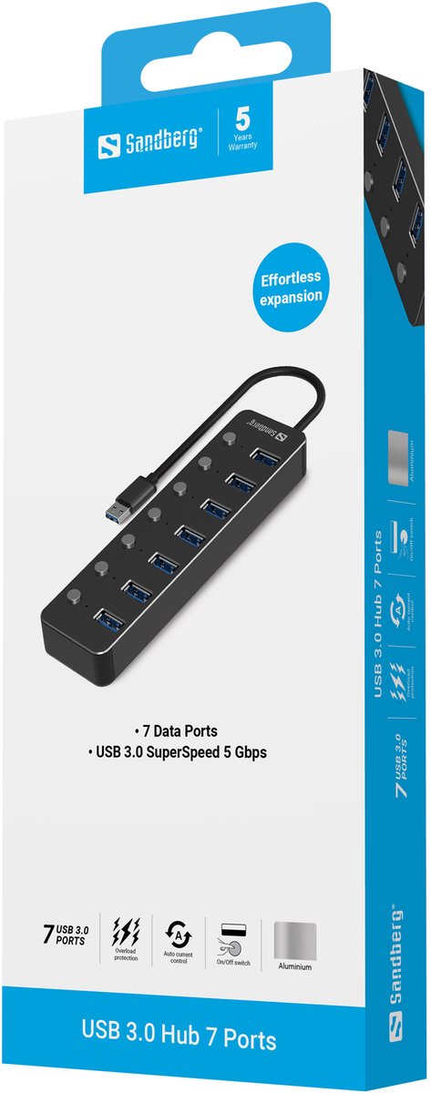 Sandberg usb 3 0 hub 7 ports 2 orig - Sandberg USB 3.0 Hub 7 Ports USB-A USB-hub (zwart)