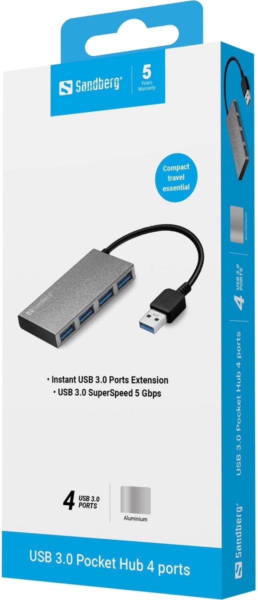 Sandberg usb 3 0 pocket hub 4 2 orig - Sandberg USB 3.0 Pocket Hub 4 Ports USB-A USB-hub (zilver)