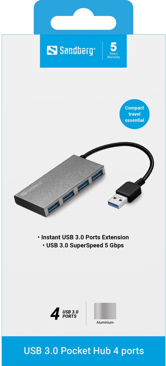 Sandberg usb 3 0 pocket hub 4 3 orig - Sandberg USB 3.0 Pocket Hub 4 Ports USB-A USB-hub (zilver)
