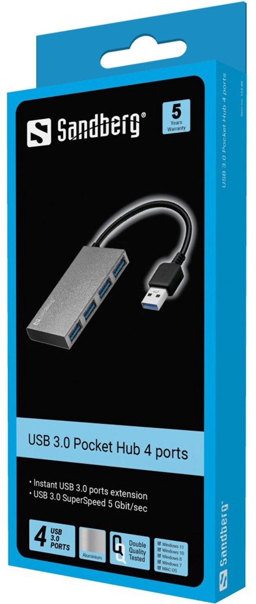 Sandberg usb 3 0 pocket hub 4 4 orig - Sandberg USB 3.0 Pocket Hub 4 Ports USB-A USB-hub (zilver)