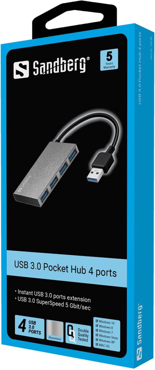 Sandberg usb 3 0 pocket hub 4 5 orig - Sandberg USB 3.0 Pocket Hub 4 Ports USB-A USB-hub (zilver)