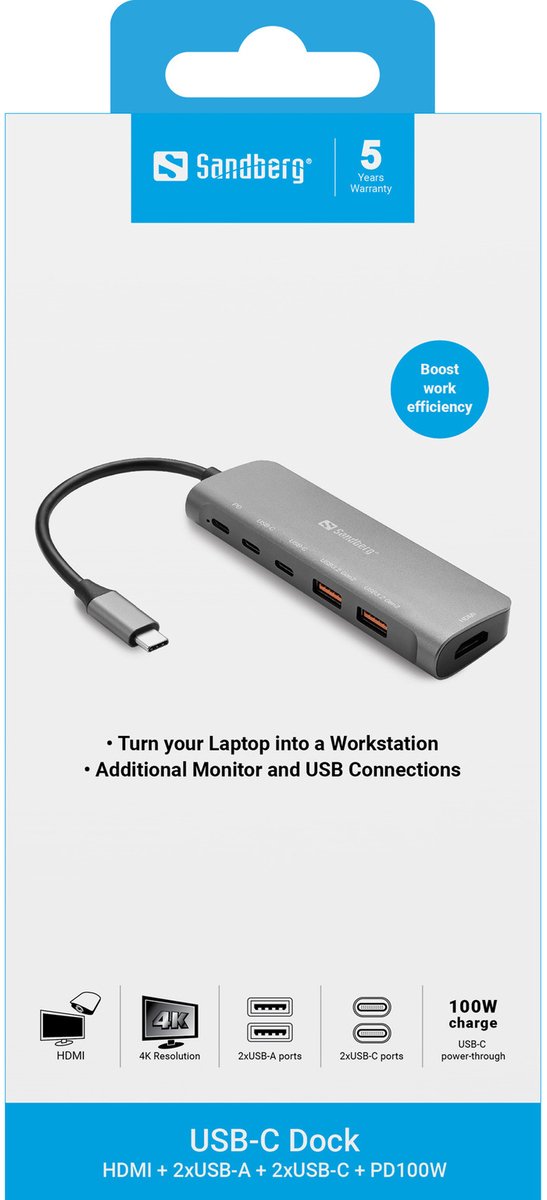 Sandberg usb c dock 2xusb a 2xusb 2 orig - Sandberg Dock HDMI 2Xusb-A 2Xusb-C Pd100W Bedraad USB-C Dockingstation