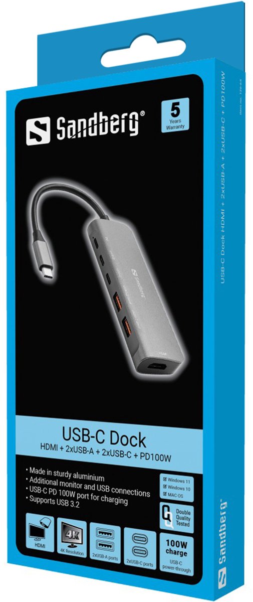Sandberg usb c dock 2xusb a 2xusb 3 orig - Sandberg Dock HDMI 2Xusb-A 2Xusb-C Pd100W Bedraad USB-C Dockingstation