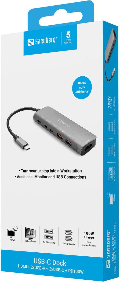 Sandberg usb c dock 2xusb a 2xusb 4 orig - Sandberg Dock HDMI 2Xusb-A 2Xusb-C Pd100W Bedraad USB-C Dockingstation