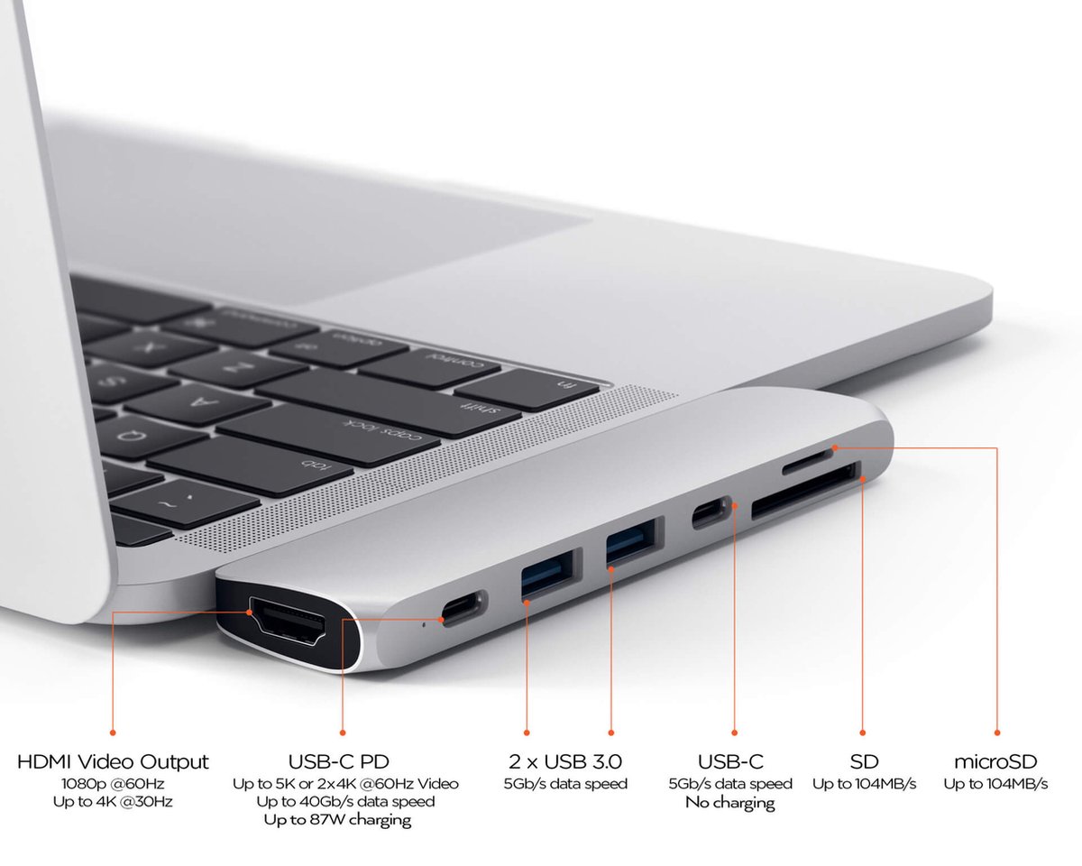 Satechi type c pro hub 4k silver 8 orig - Satechi Type-C Pro Hub 4K HDMI USB-C Poortreplicator (zilver)