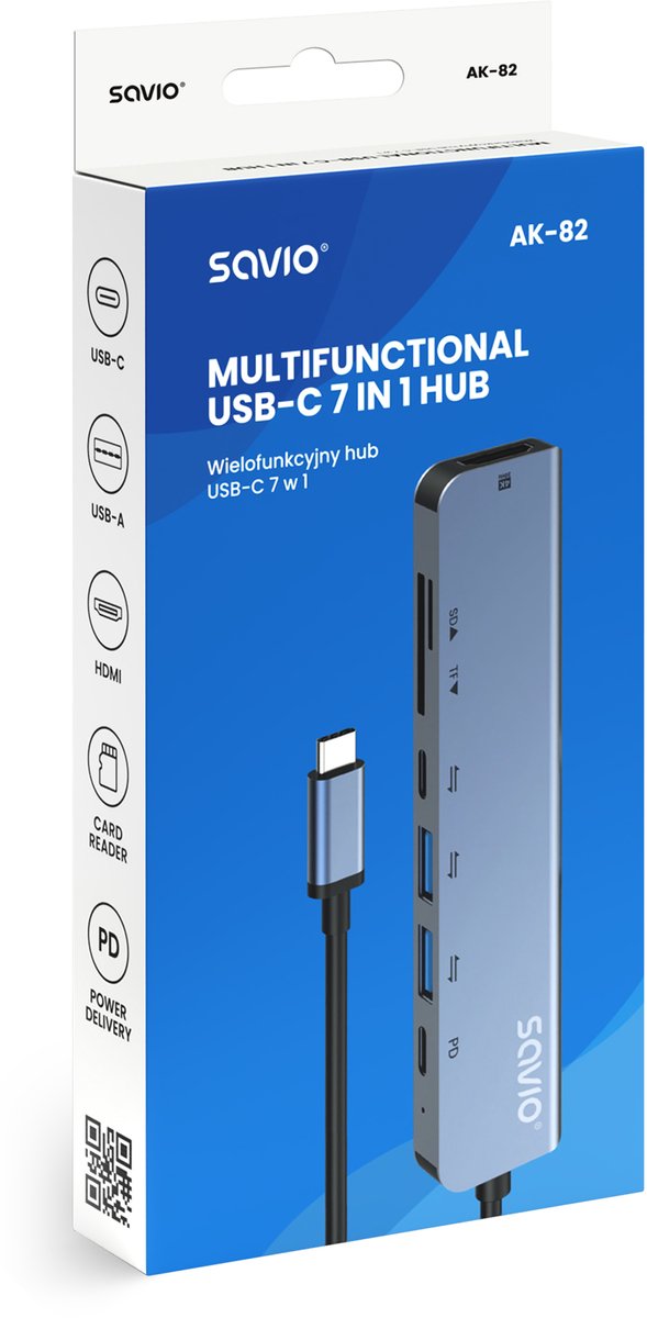 Savio hub usb c multiport 7 in 4 orig - Savio Hub Multiport 7-In-1 Voor Apple Laptops En USB-C USB-hub (zwart)