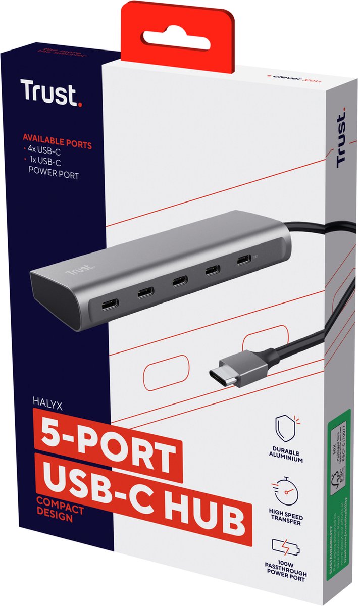 Trust 5 poorts usb c hub 5 orig - Trust 5-Poorts USB C Hub USB-C USB-hub (zilver)