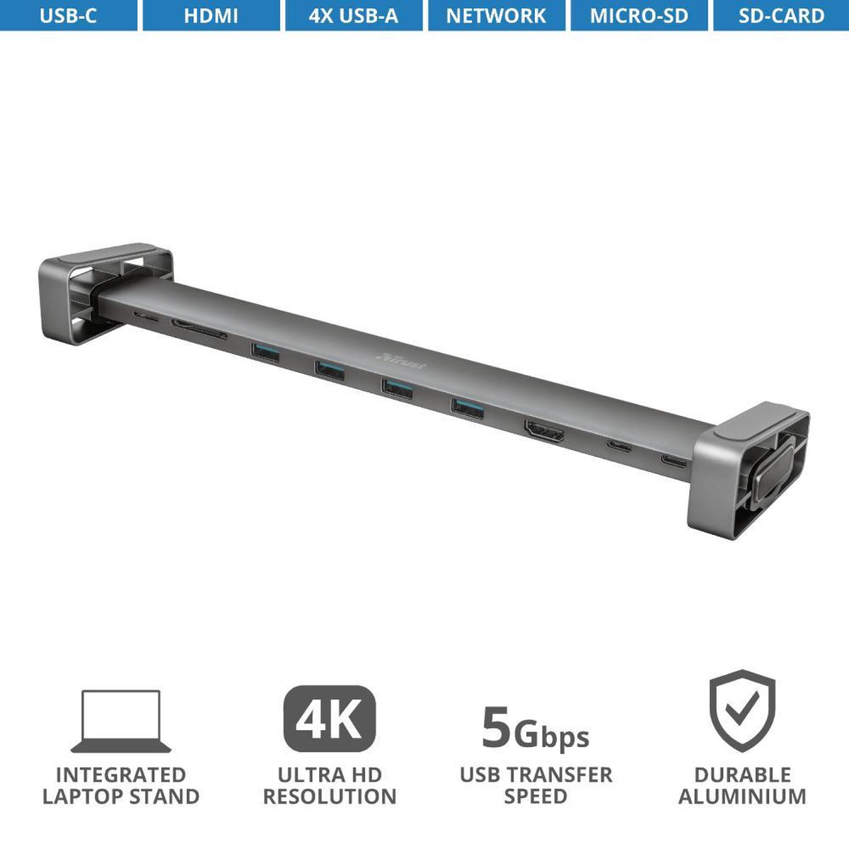 Trust dalyx aluminium usb hub 10 in 4 orig - Trust Dalyx Aluminium USB-Hub 10-In-1 Voor USB-C Dockingstation