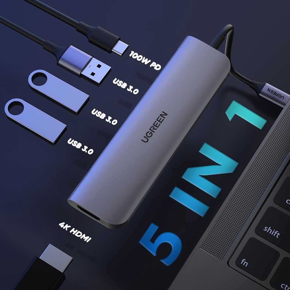 Ugreen 5 in 1 usb c hub 6883027 4 orig - UGREEN 5-In-1 Hub Met USB-A HDMI Voor USB-C Dockingstation (grijs)
