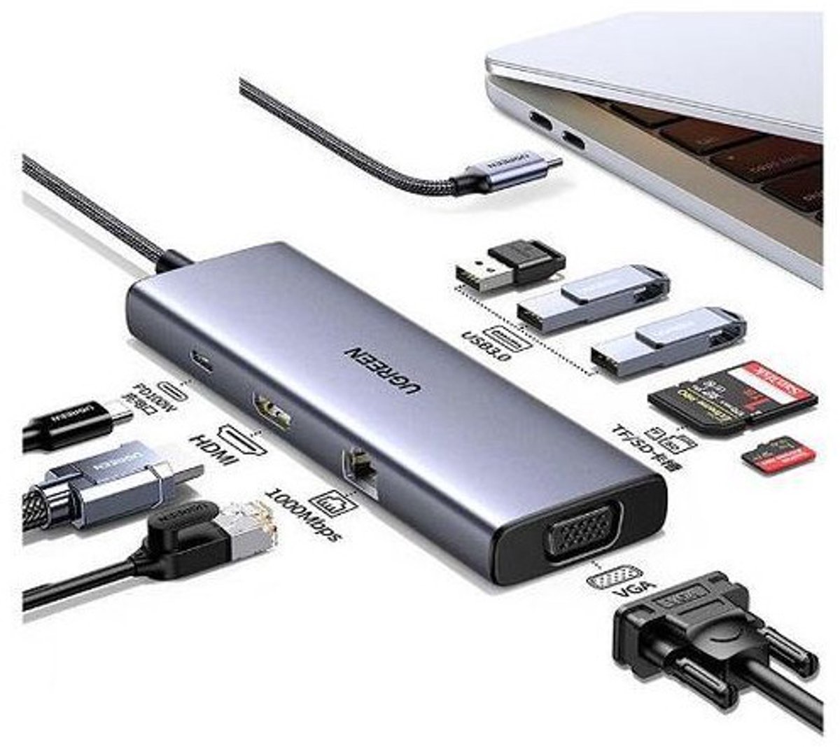Ugreen 9 in 1 usb c hub 3 orig - UGREEN 9-In-1 Hub 4K HDMI VGA Ethernet USB-C USB-hub