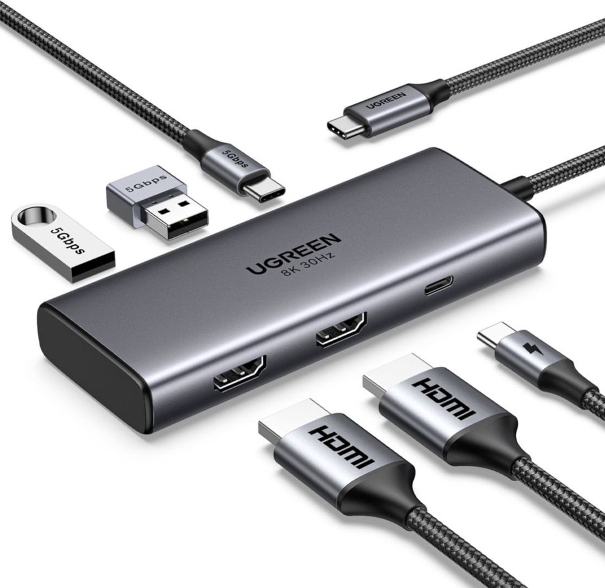 Ugreen adapter hub usb 6in1 voor macb 2 orig - Ugreen Adapter Hub USB 6In1 Voor Macbook Laptop USB-C USB-hub (grijs)