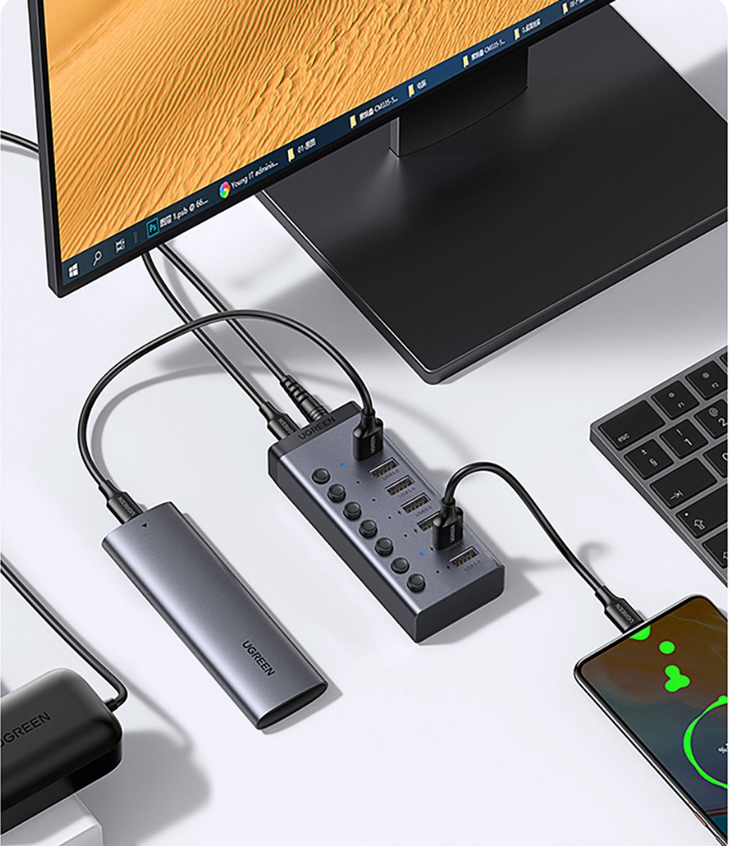 Ugreen multifunctionele hub 7in1 usb 10 orig - Ugreen Multifunctionele Hub 7In1 USB Type C 7X USB-C USB-hub (grijs)