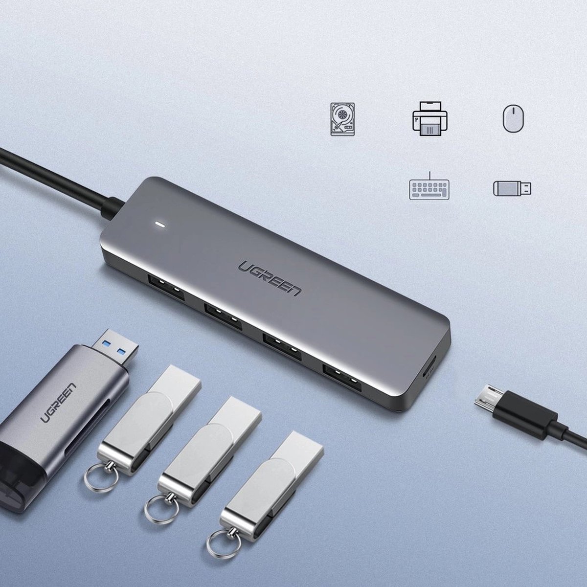 Ugreen usb hub splitter 4x usb 3 6883114 8 orig - Ugreen USB Hub-Splitter 4X USB 3.2 Gen 1 Met USB-A USB-hub (grijs)